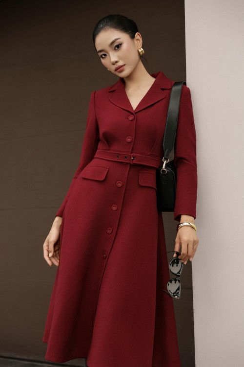 Sixdo Dark Red Woven Long Coat